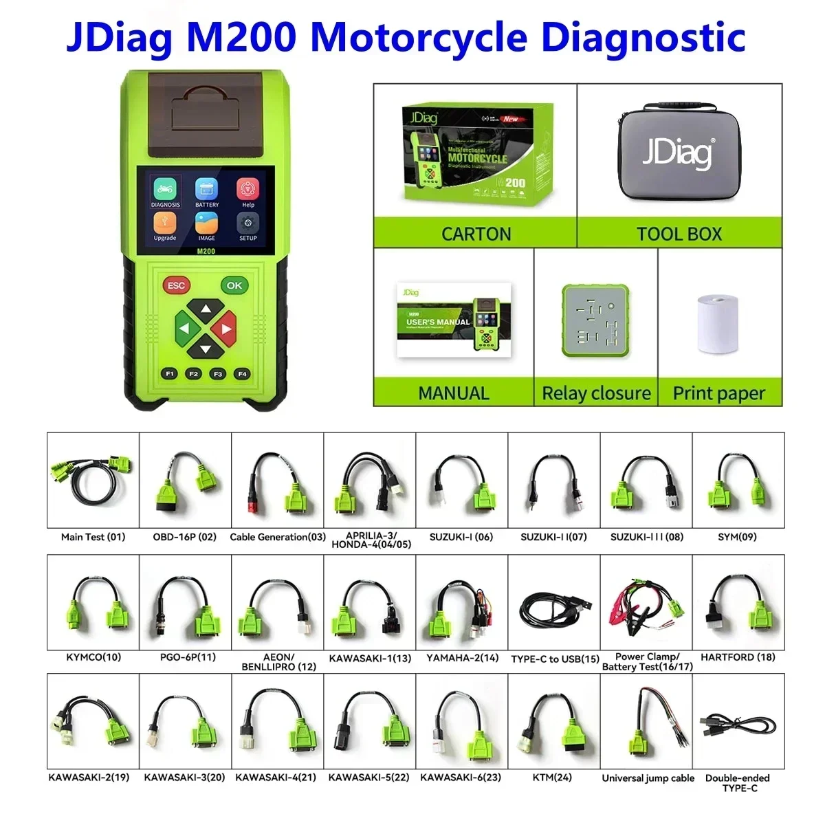 JDiag M200 Motorcycle Diagnostic OBD2 Scanner Moto Fault Code Reader Battery Tester Motoscan Tool For BMW Yamaha Kawasaki Honda