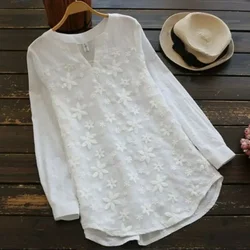 2024 Summer Autumn Hot Blouse Women Lace Long Sleeve Tops V Neck Embroidery Loose Plus Size S-5XL Elegant Shirt Blusas Female