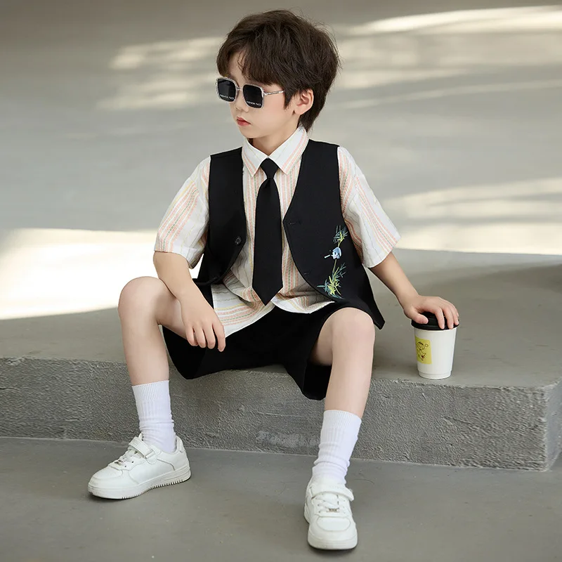 Children's New Chinese Style Suit Summer Traditional Embroidered Vest Set Boys' Hosting Catwalk Performance Costume