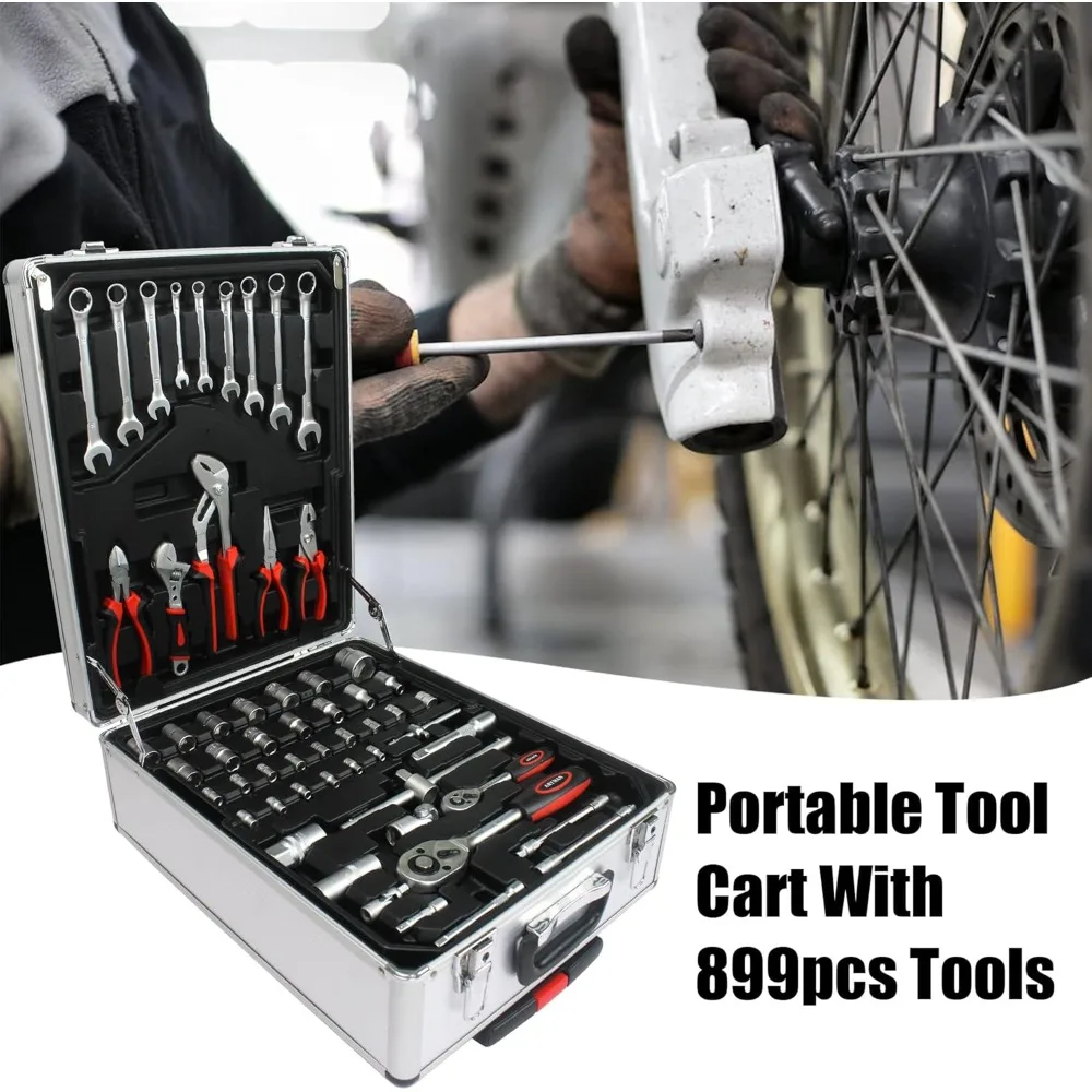 889 Pcs Aluminum Trolley Case Tool Set with Wheels, Four-Layer Tool Kit with Rolling Tool Box, Portable Toolbox Storage