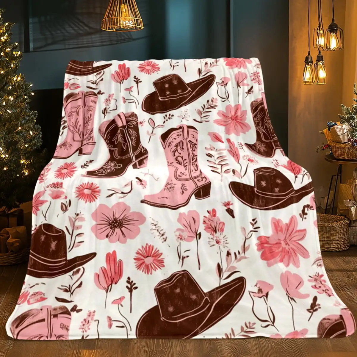 Western Cowboy Boots Hats Print Flannel Blanket Soft Pink Brown Cowgirl Design with Horseshoe Cactus Patterns Lightweight