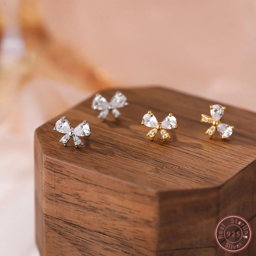

S999 Pure Sterling Silver Zircon Bow Stud Earrings Fashionable Jewelry Accessory