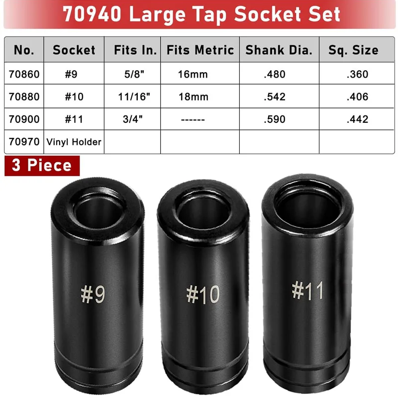 

Tap Socket Set For Large Tap Size 5/8", 11/16", 3/4", Replace# 70940, 1/2" Drive For larger, Fractional M.C.T.I. Standard Taps