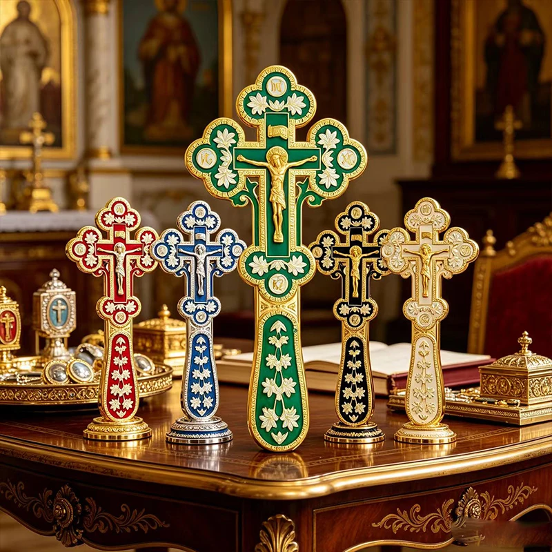 Colorful Enamel Orthodox Standing Cross with Jesus Crucifix for Church Altar Tabletop Decoration and Blessing Ceremony