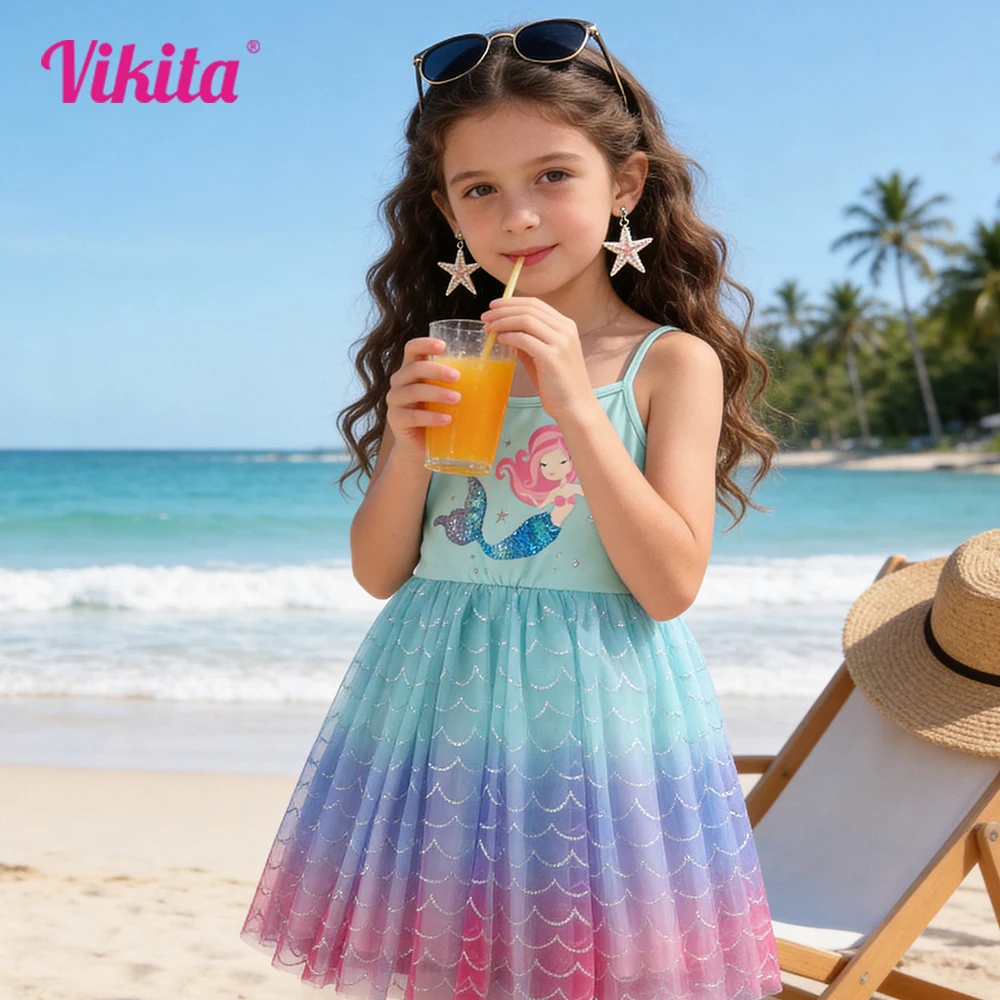 VIKITA Kids Blue Suspenders Sling Summer Princess Dress Girls Mermaid Print Princess Party Travel Mesh Tulle Stylish Costumes