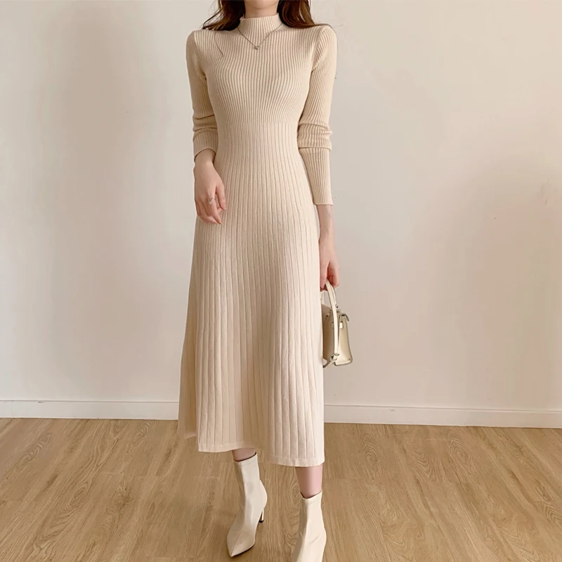 Autumn Winter 2024 Slim Long Sleeve Party Midi Dress for Women Knitted Half High Collar Elegant Knitted Sweater Dresses Ladies
