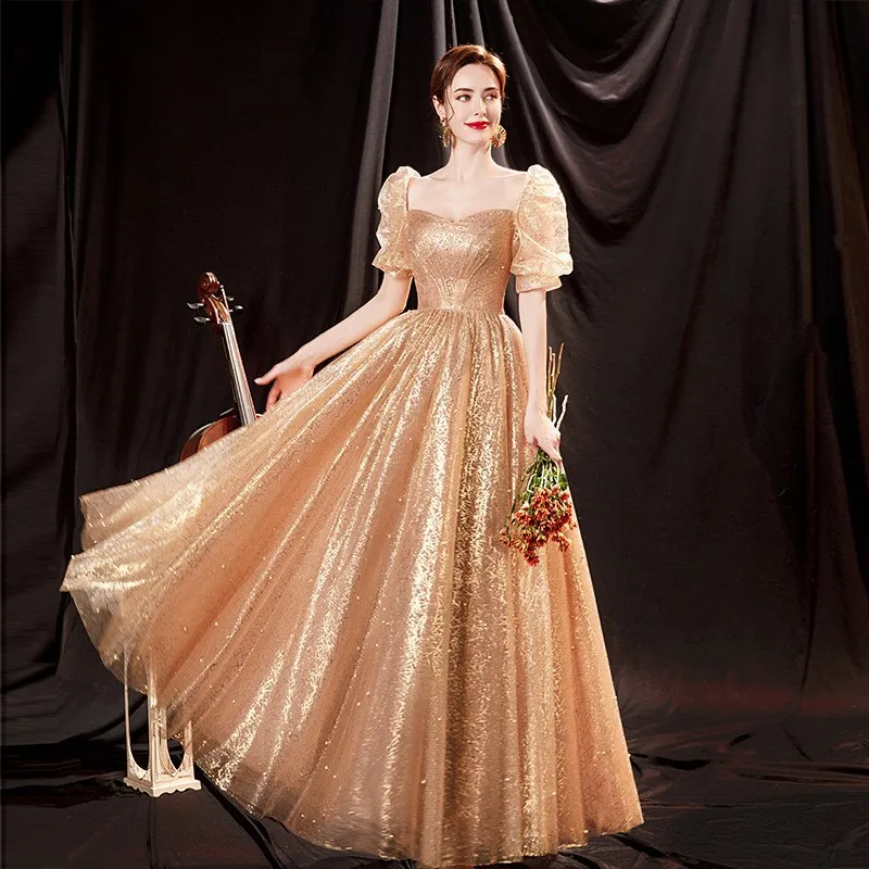 

Exquisite Square Collar Golden Evening Dress 2024 Summer New Host Long Bubble Sleeve Dress for Chorus Performance Dresses