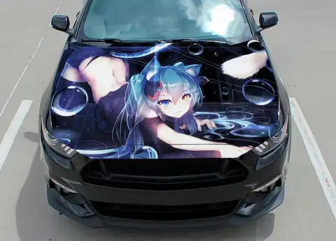 Car hood wrap decal, Miku Neko, blue catgirl, sexy anime, girl, vinyl sticker, graphic, truck decal, truck graphic, bonnet decal