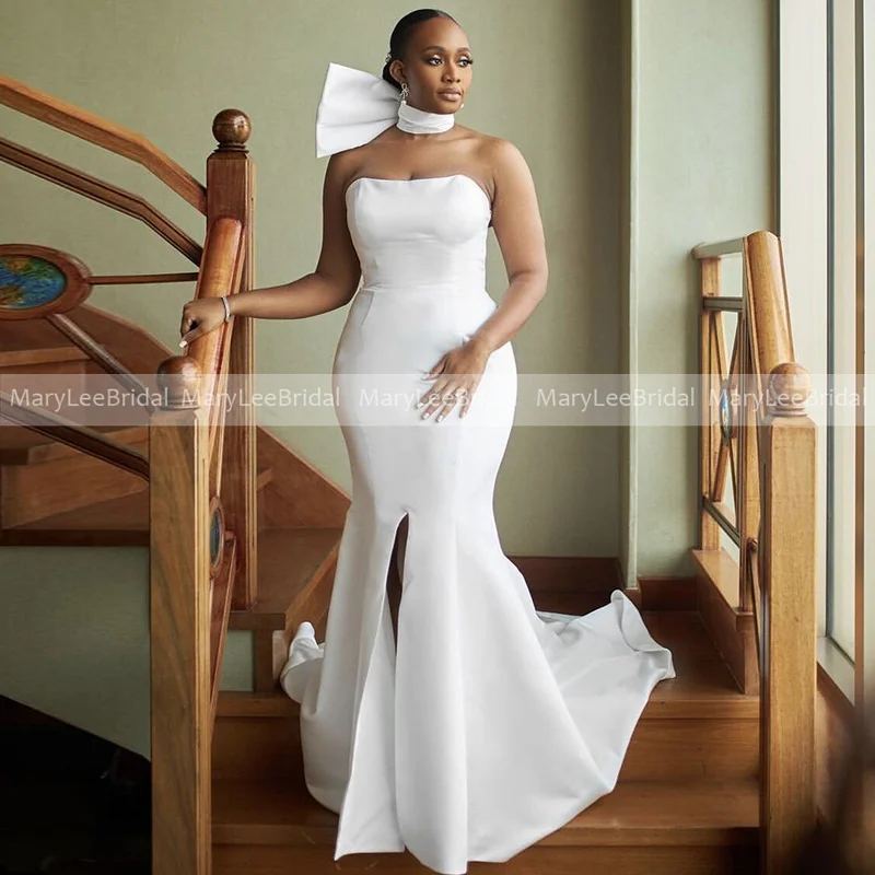 Strapless Mermaid Satin Wedding Dresses with Slit African Women White Bride Dress Trumpet Formal Casual Gown Simple Bridal Gowns