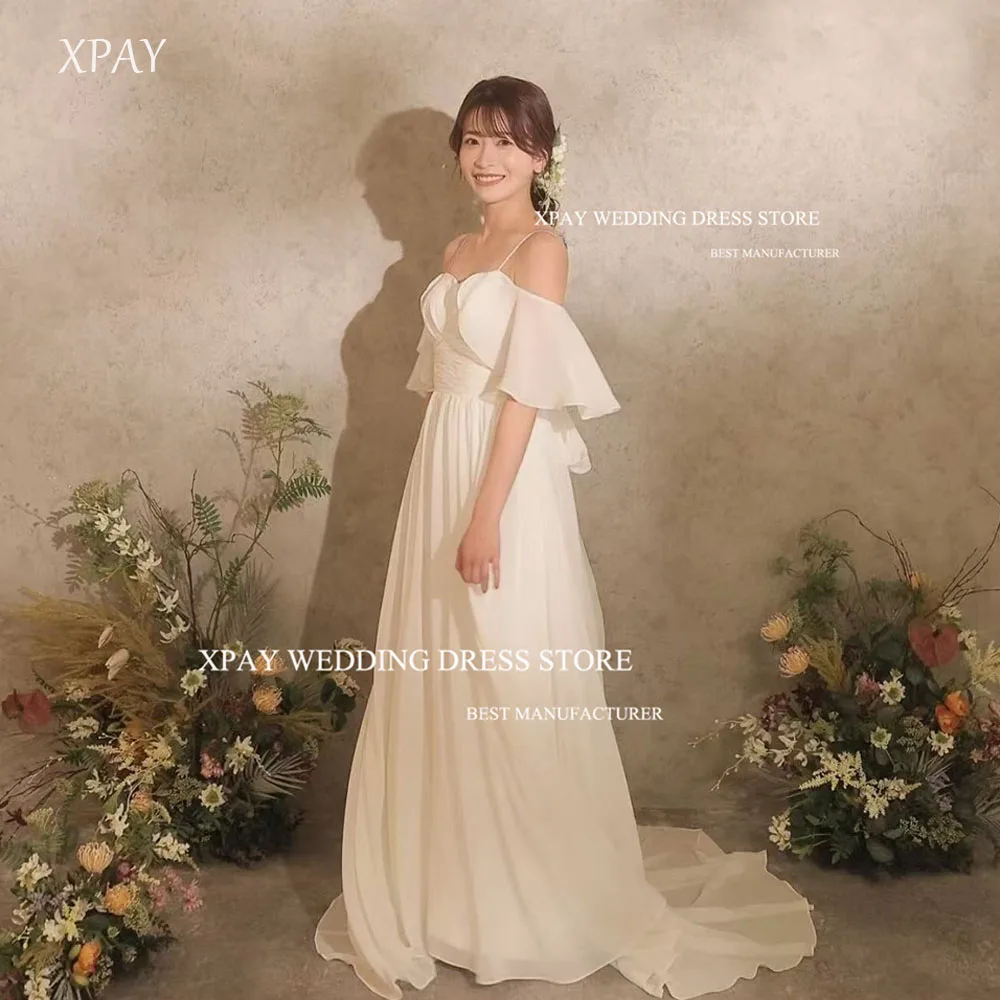 

XPAY Elegant chiffon Train Wedding Dresses Japan Korea Women Pleats Draped Floor ruffled sleeve Bridal Gowns Customized