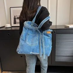 Retro Washed Denim Bag Large Capacity Fashion Leisure Tote Bag College Student Class Shoulder Bag Women Purses and Handbags 2024