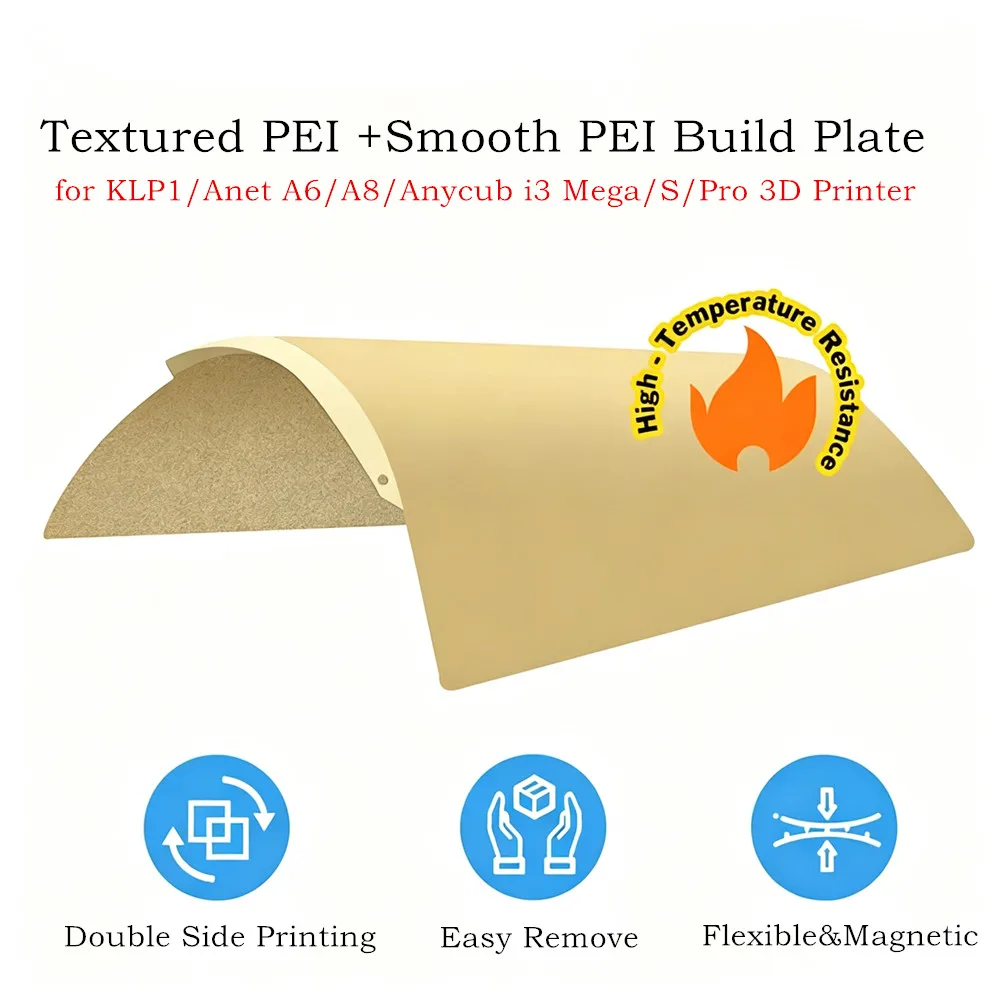Textured PEI+Smooth PEI Build Plate 220x220mm for KLP1/Anet A6/A8/Anycub i3 Mega 3D Printer Double Sided PEI Spring Steel Sheet