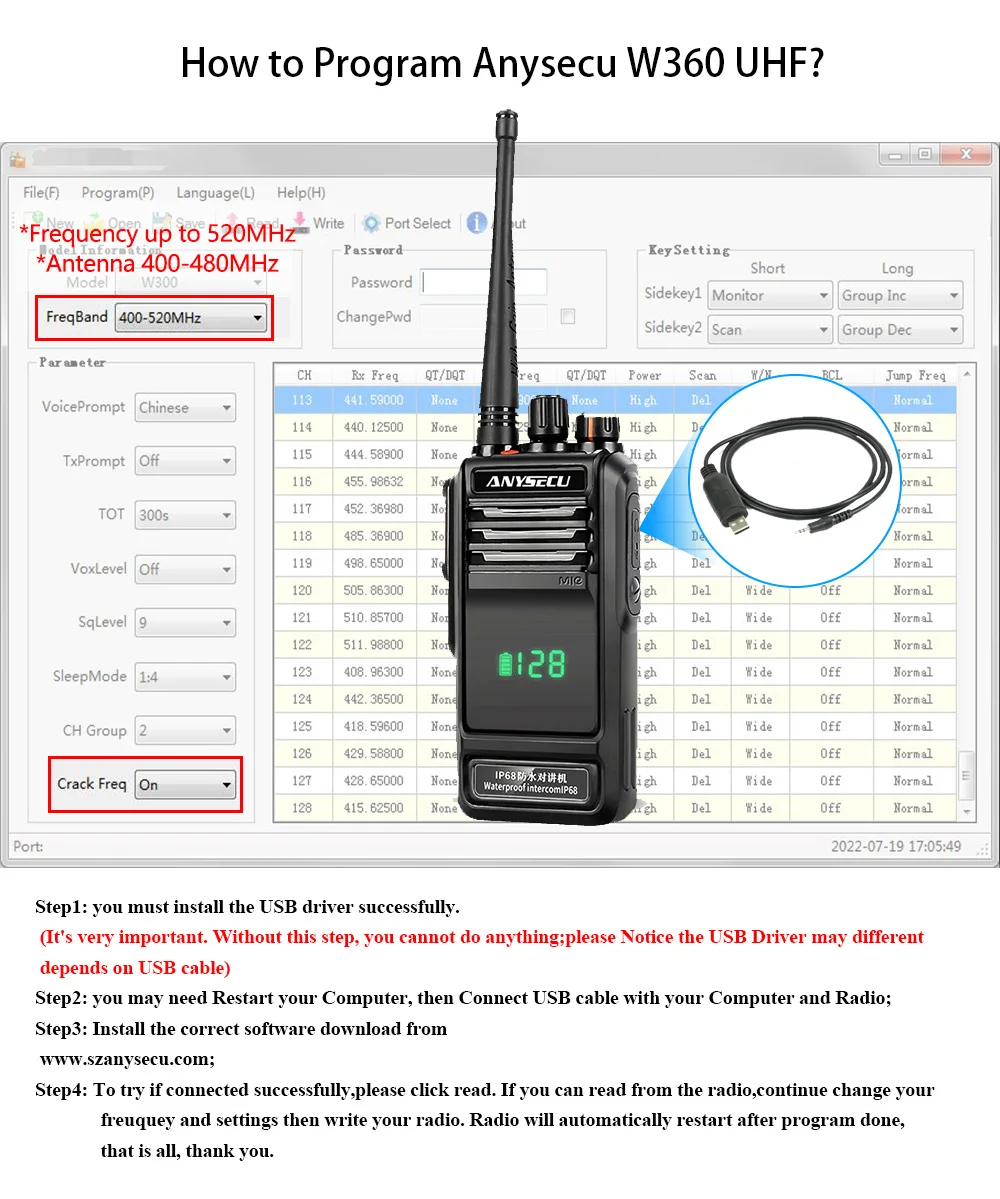 Anysecu W360 IP68 Water-proof Two Way Radio with Active View Screen Design VHF 136-174MHz or UHF 400-520MHz