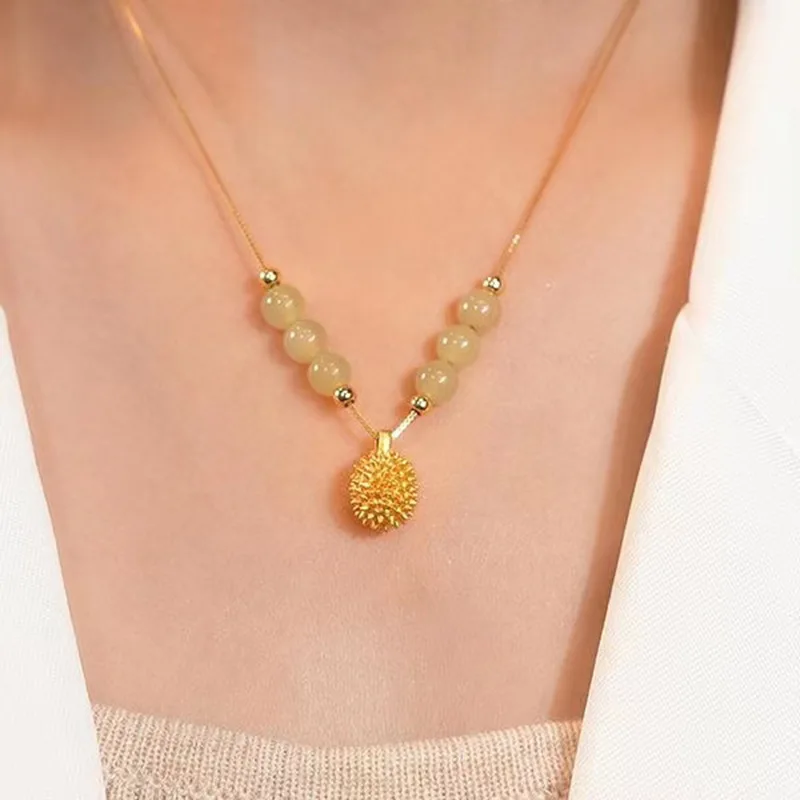 18k gold necklace durian jade bead necklace niche design lifelong Chinese Valentines Day AU750 chain pendant