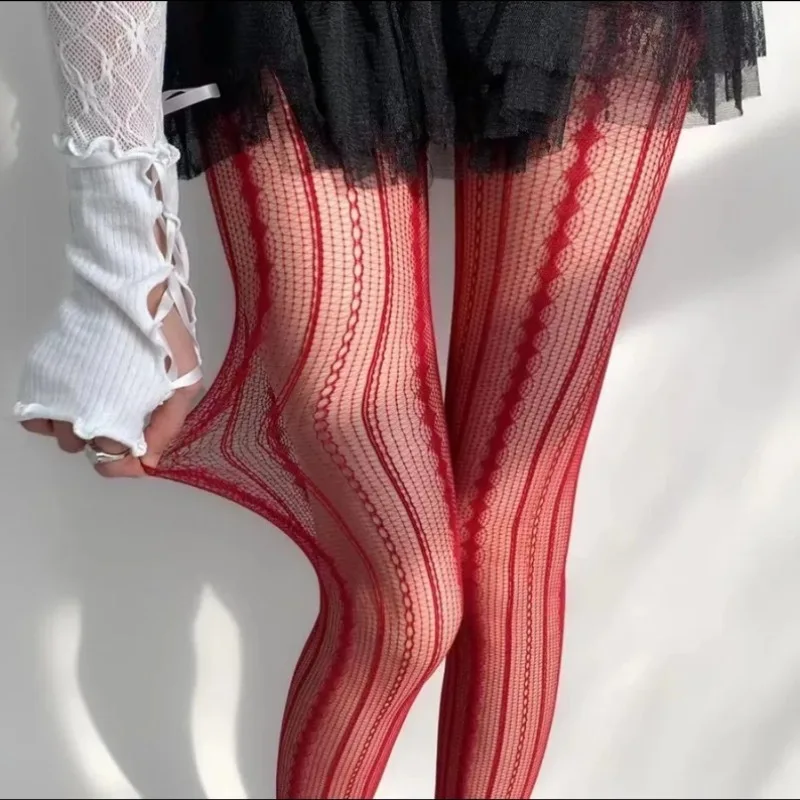 

2026 New Burgundy Rhombus Striped Tights Women Sexy Lace Fishnet Stockings Mesh Pantyhose Cute Lolita Hollow Out Slim Leggings