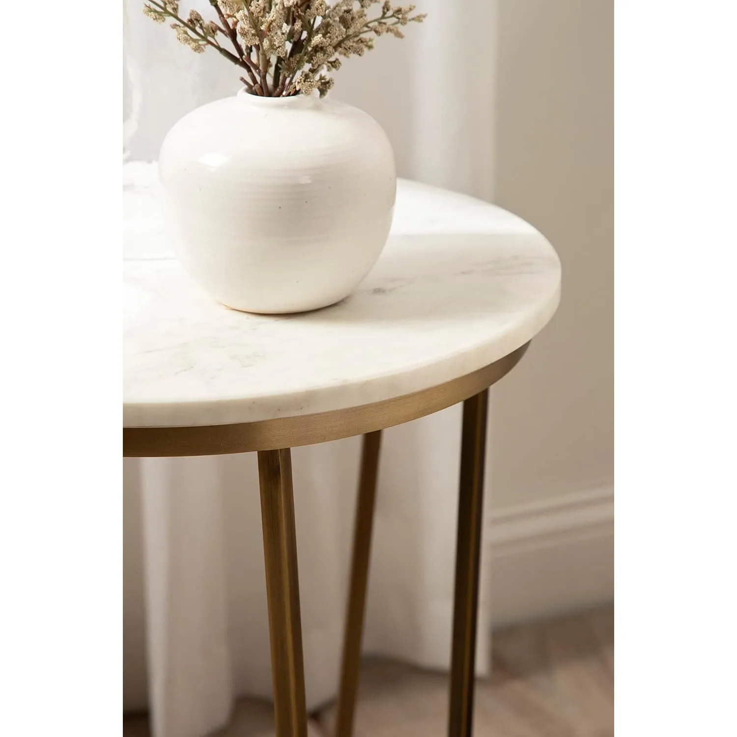 Solvay Round Metal and Marble Side Table, 16 x 16 x 24, White Marble and Antique Brass, Modern Glam