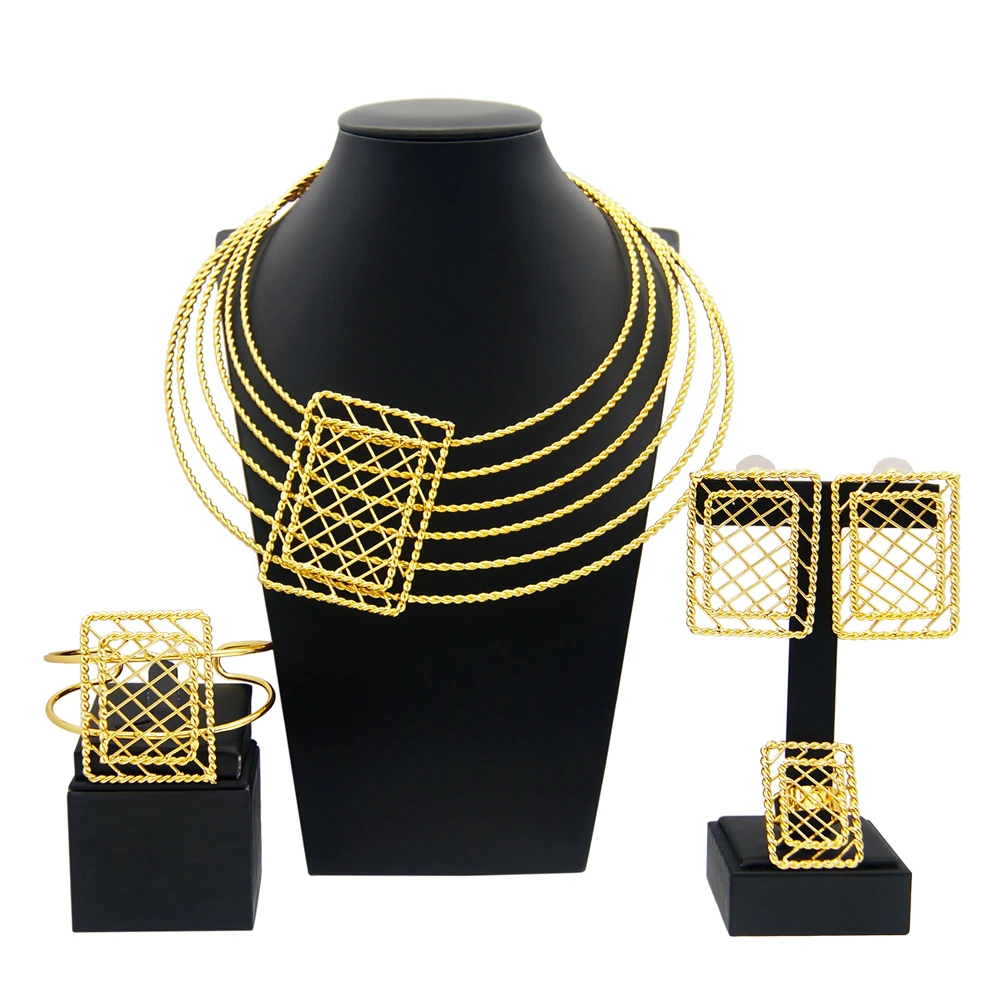 Yulaili Brazil brass jewelry four-piece set China spot rich design sense of multi-layer copper chain hollow earrings exquisite a