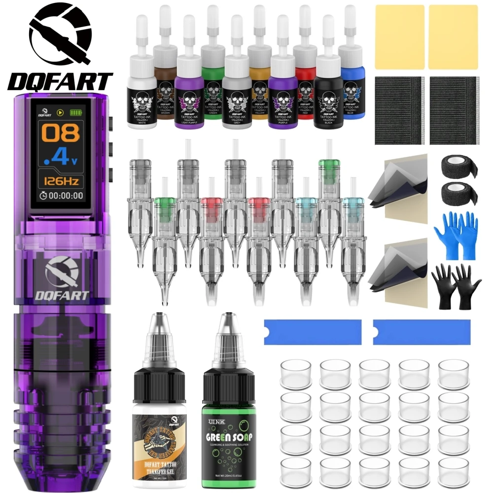 DQFART P3 Set Electric Wireless Tattoo Machine Beginner Tattoo Artists Supplies Accessories Tattoo Ink Tattoo Needles Green Soap