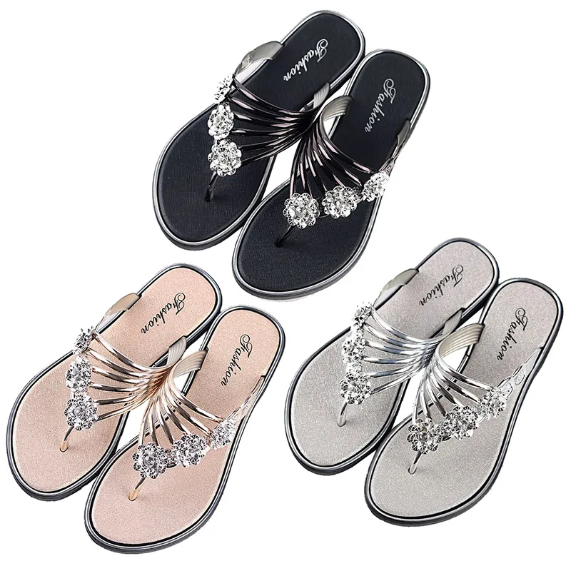 Ladies Sandals Fashion Open Toe Silver High Quality Anti-slip Beach Sandals Ladies Casual Gold Crystal Shoes Summer Home Sandals