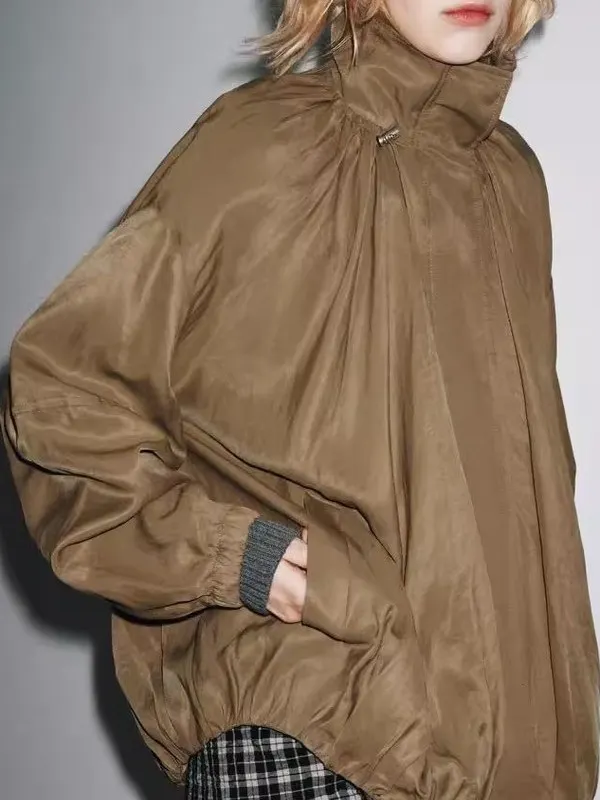 

Новинка 2025, осенняя женская повседневная универсальная дрейфующая куртка с воротником-стойкой, рабочая одежда свободного покроя, длинная застежка-молния