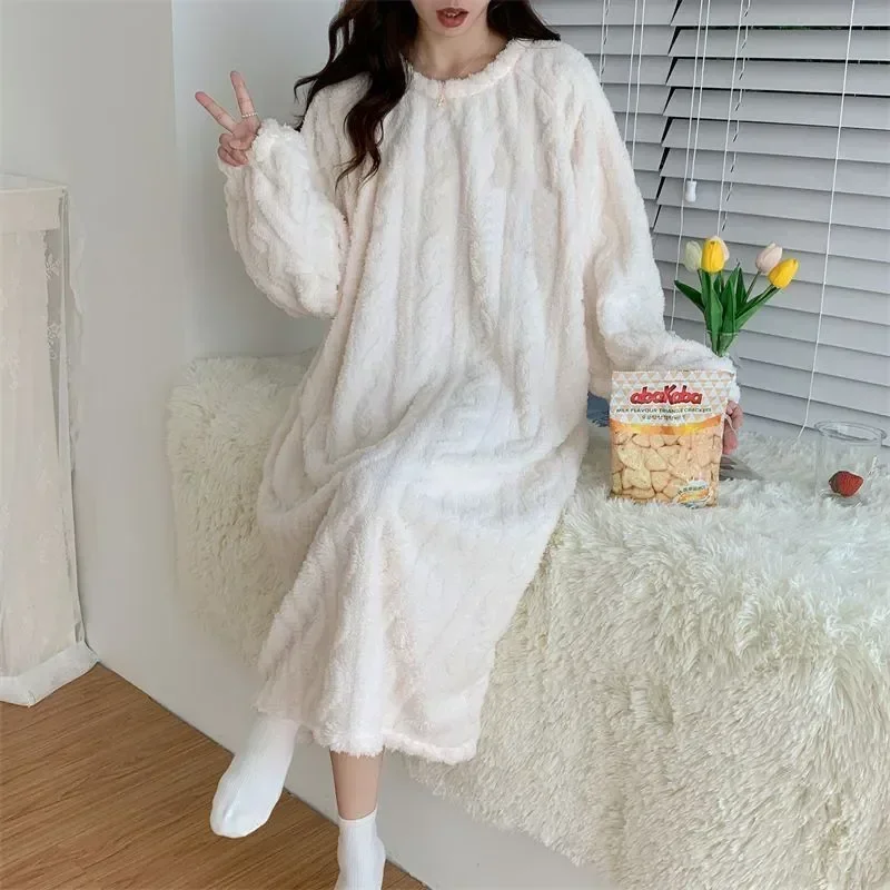 Style Ruffles 2023 Solid Dress One New Home Pajamas Korean Womens Wear Night Winter Fleece Sleeve Piece Sleepwear Long Nightgown