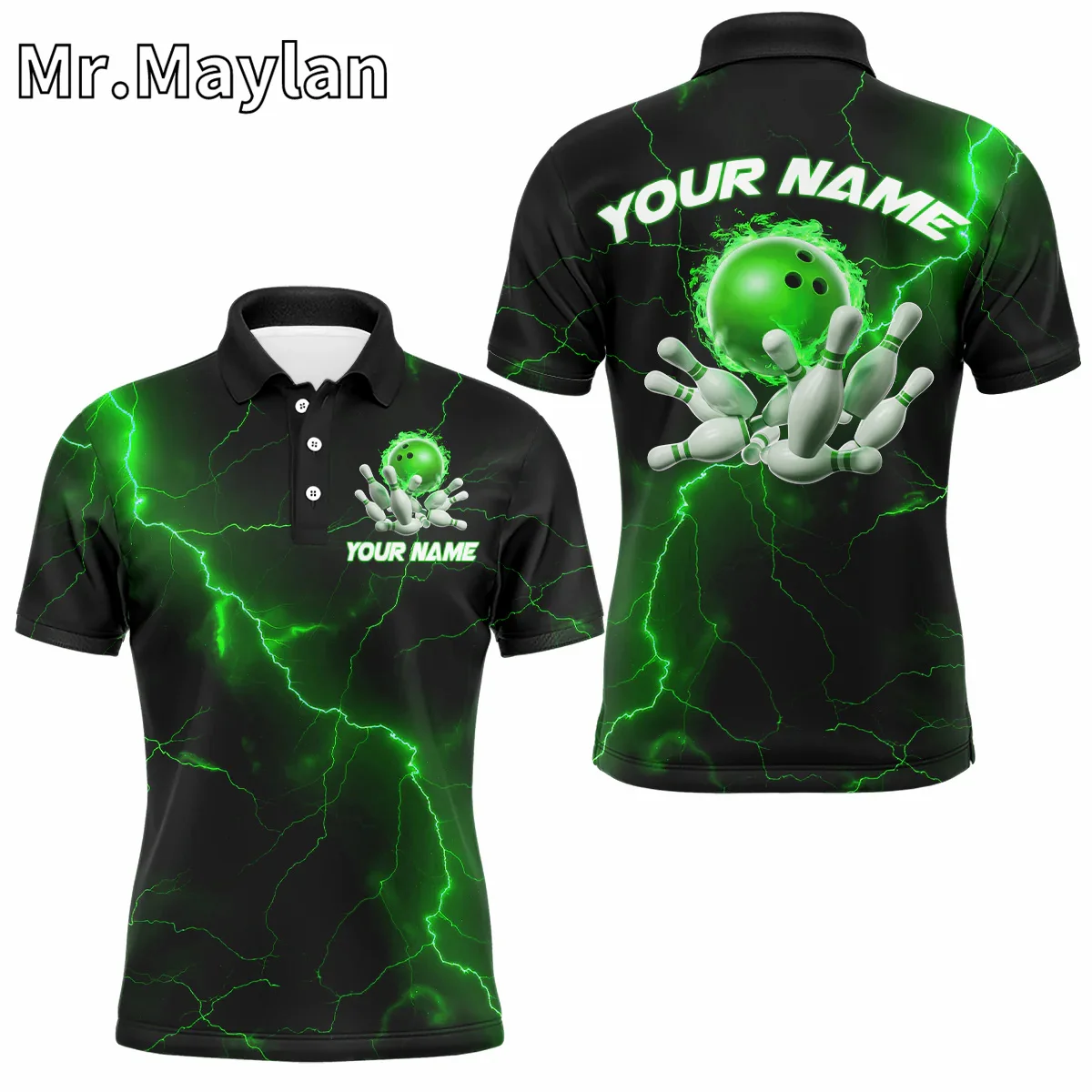 3D Green Thunder Lightning Flame Bowling Ball Custom Bowling Polo Shirt For Men And Women Gift for Bowling Lovers Unisex Tops