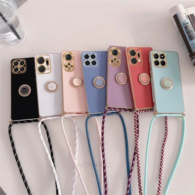 Plating Ring Holder Cord Strap Crossbody Lanyard Case For Huawei Honor X8A X7A X8 X7 X6 X6S 4G 5G 2023 Cover On Honor50 Honor70