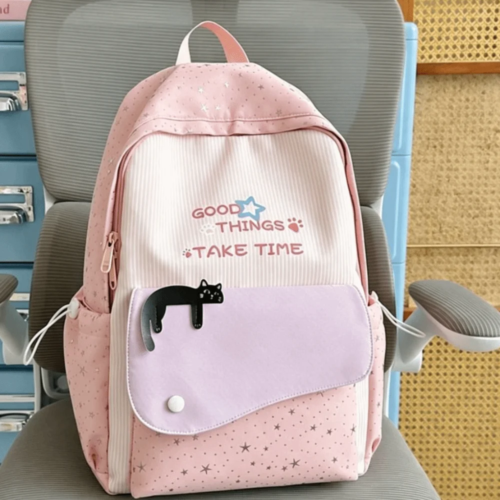 Y2k Sweet Cat Star Backpack Minimalist Multicolored Nylon Rucksack Large Capacity Multiple Pockets Student School Bag Daily