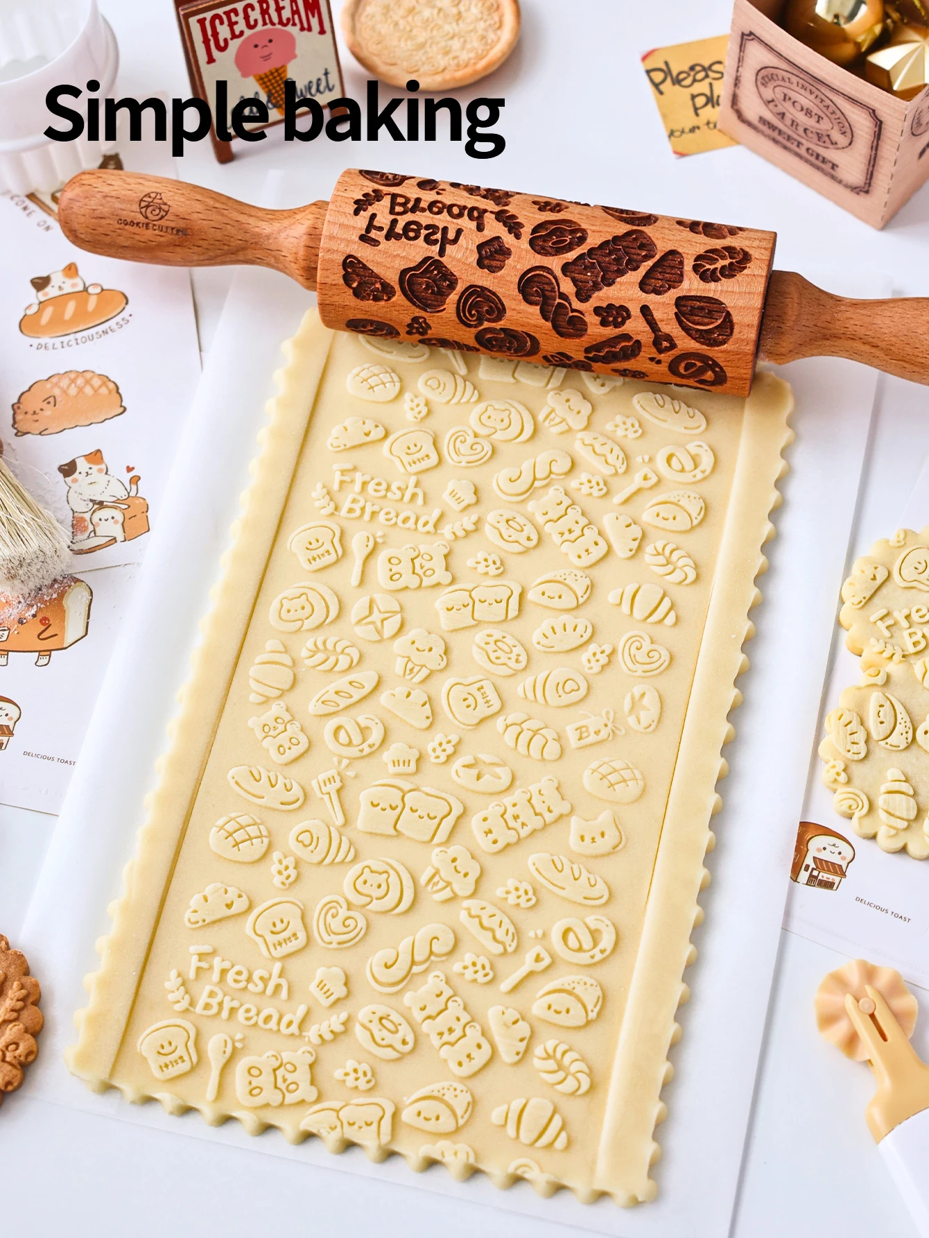 Laser Engraved Flower Design Elm Wood Rolling Pin with Cute Cartoon Bread Pattern Parent-Child DIY Baking Cookie Mold