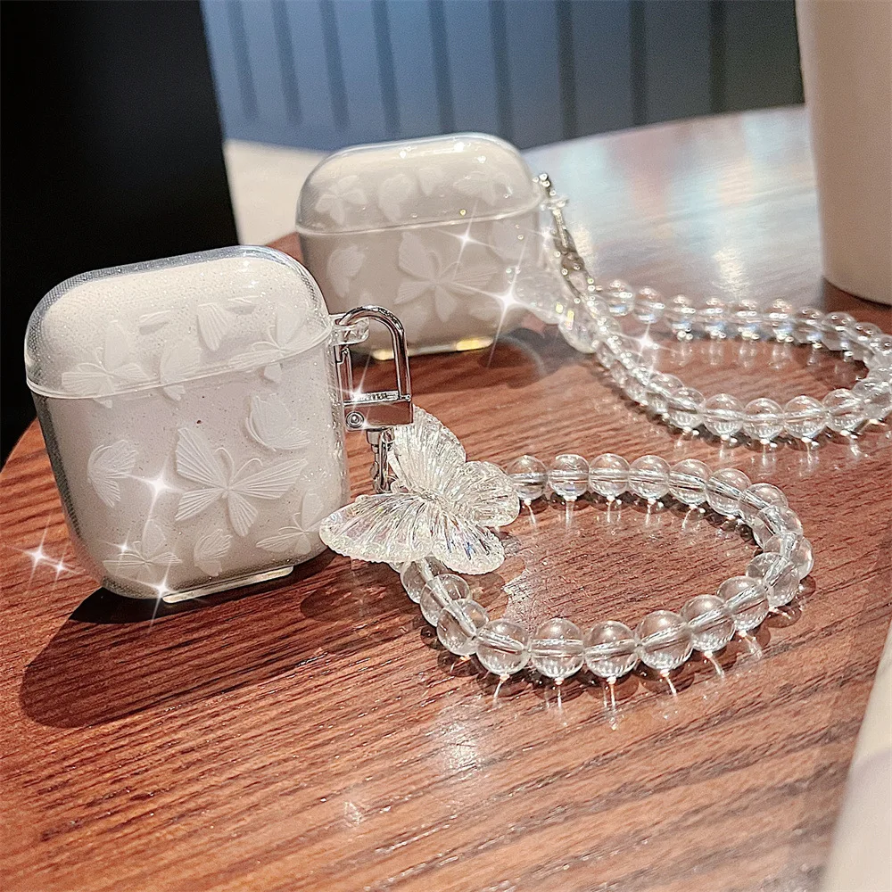 Crystal Butterfly Pendant Bead Bracelet Earphone Case for Apple airpods 1/2 /3 For Airpods Pro 2nd Earphone Case With Keychain