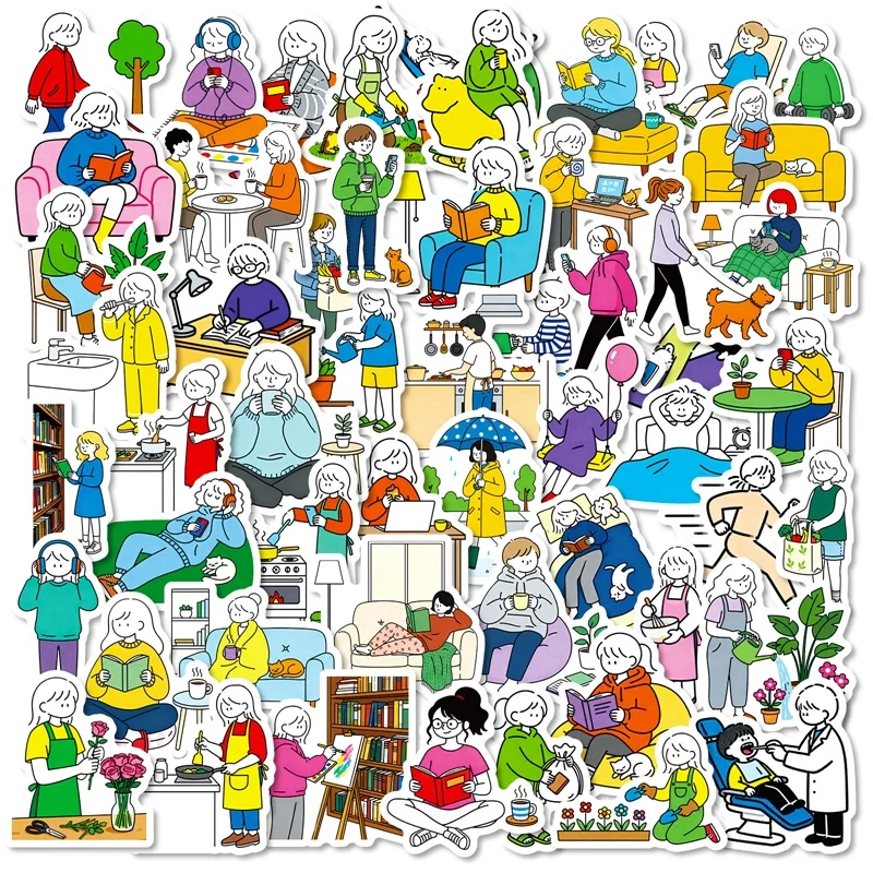 

56PCS Cartoon Cozy Life Sticky Sticker Aesthetic Colored DIY PVC Decoration Phone Laptop Luggage Skateboard Graffiti Decals