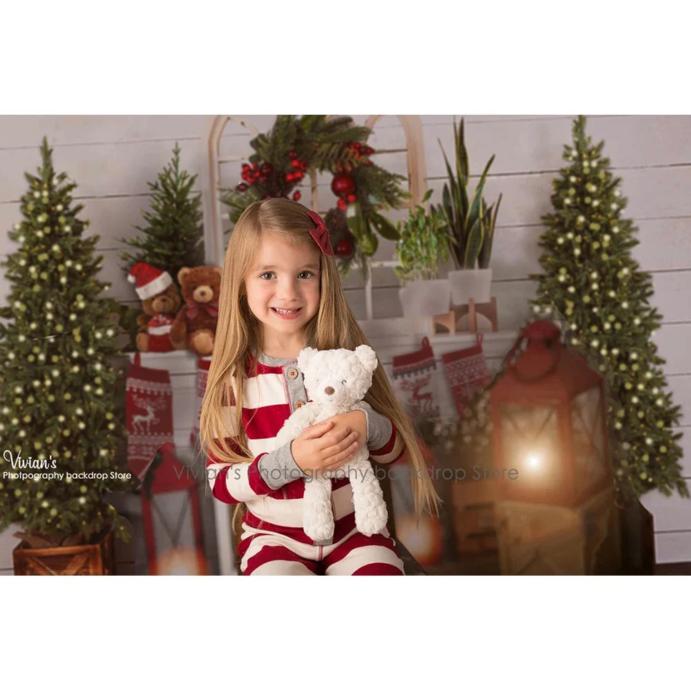 Рождественский фон для камина, детская фотосессия, деревянная стена, зимние деревья, фон, венок, Санта-Клаус, носки, детская фотостудия