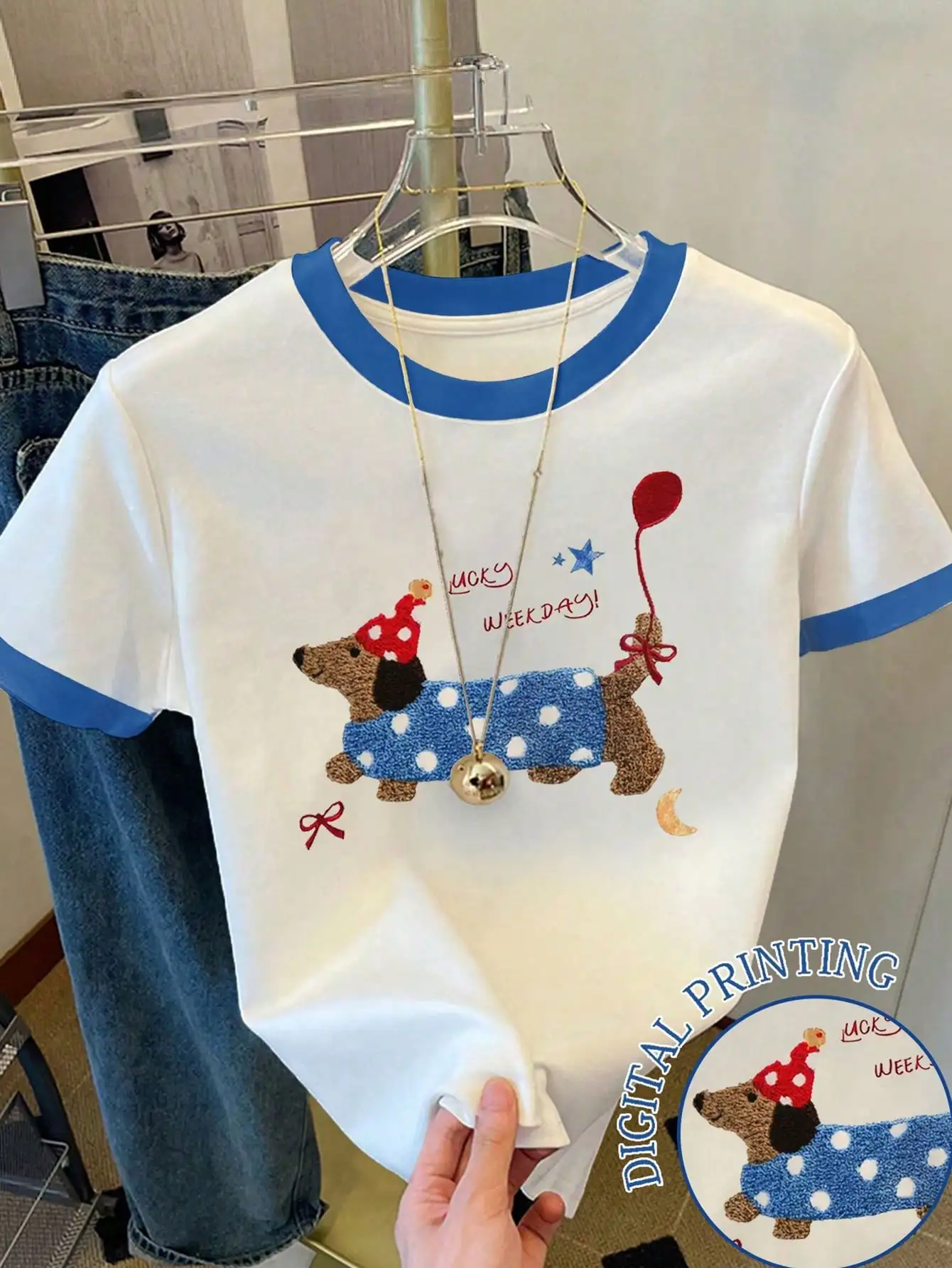 Women Contrast Trim T-Shirt, Cute Dachshund Dog Balloon Graphic Print Crew Neck Short Sleeve Casual Sweet Summer Animal Tee