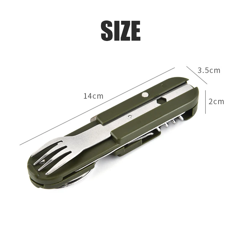 Cuchillo de Picnic plegable para acampada, cuchillo portátil de acero inoxidable, tenedor verde militar, cuchara, abrebotellas, vajilla, Kit de viaje