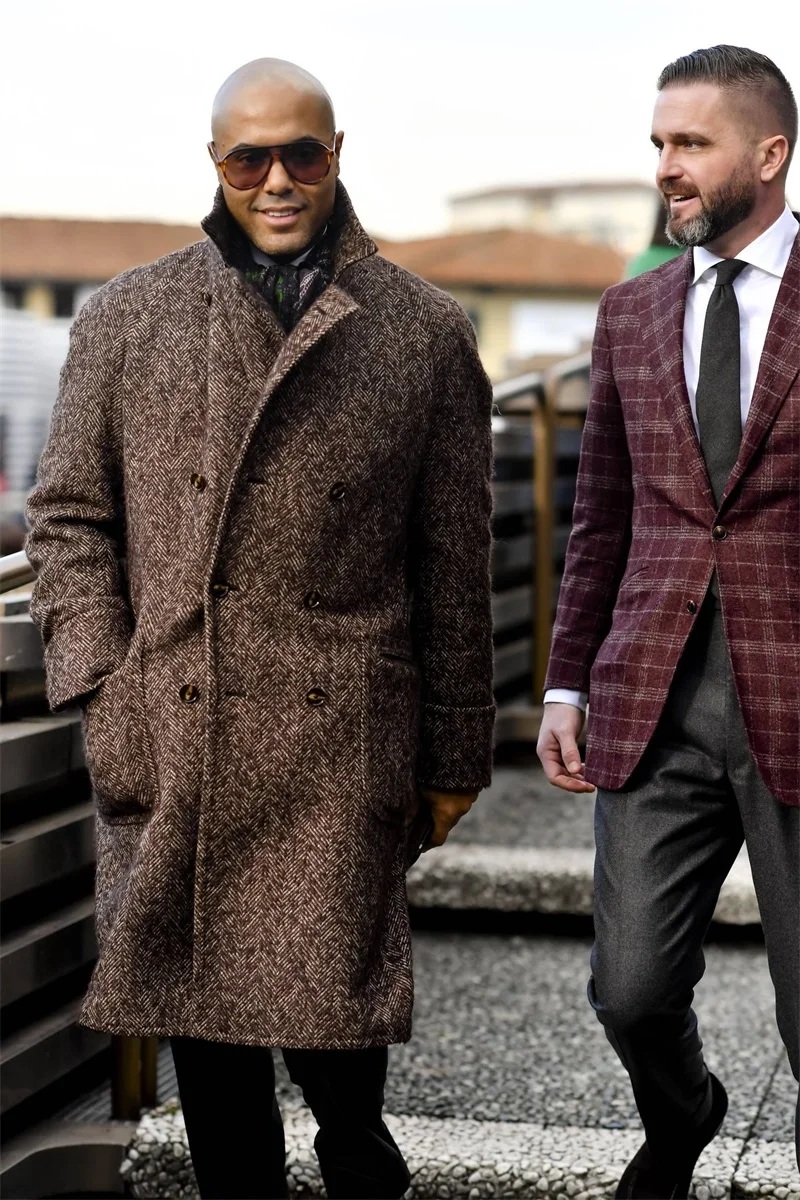 Traje de invierno de espiga para hombre, Chaqueta larga de Tweed, gabardina de doble botonadura para fiesta de graduación, traje de negocios