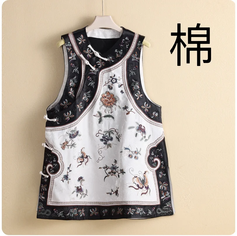 بلوفر نحيف على الطراز الصيني، بلوزة بدون ياقة مطرزة على الطراز العرقي، فتحة مائلة، سترة بدون أكمام، سترة على الطراز الصيني