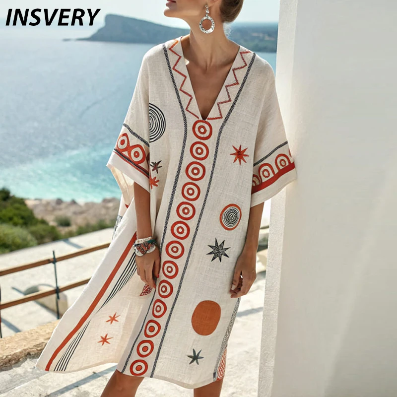 2025 Summer Casual Beach Holiday Dress Women Deep V Neck 3/4 Sleeve Mini Dresses For Women Vintage Printed Party Dress Boho