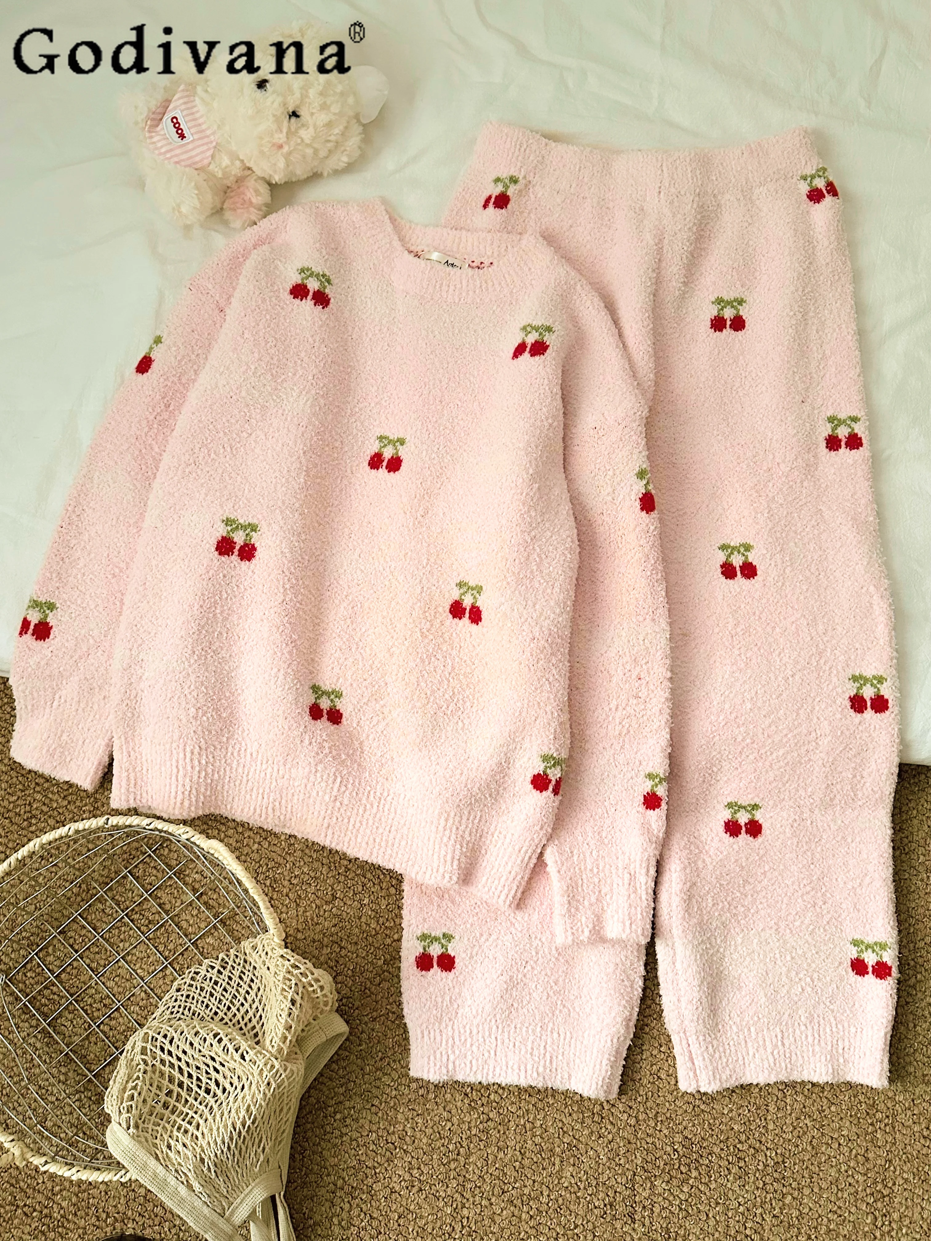 

2025 New Pink Cherry Print Women's Winter Half-Fleece Pajamas Warm Homewear Long Sleeve Long Pants Set