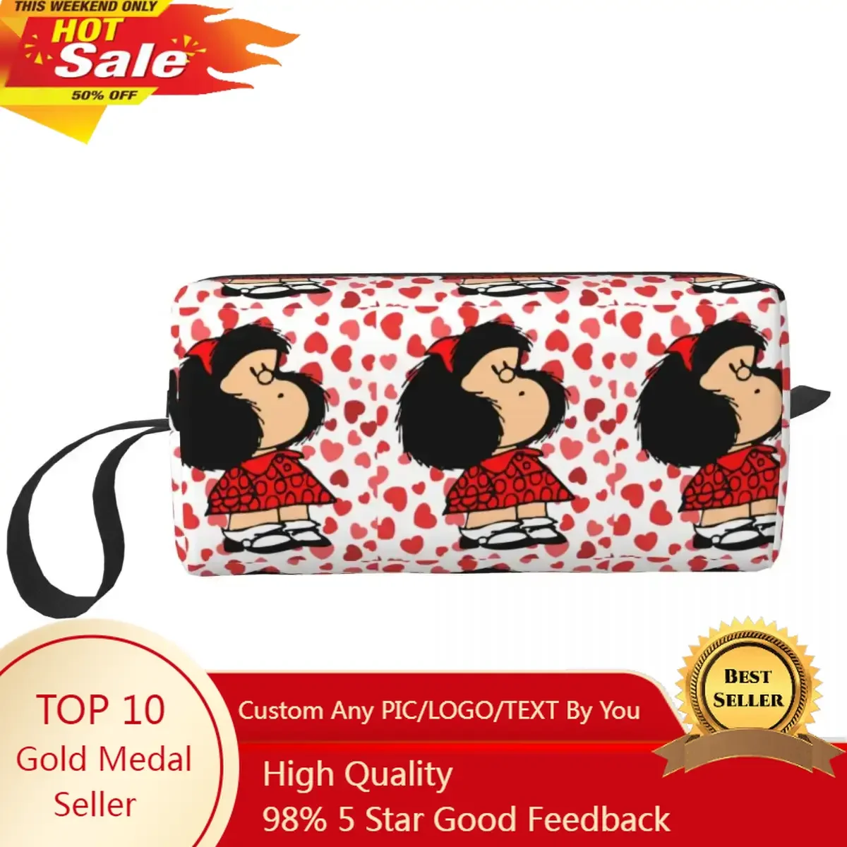 

Custom Mafalda Power With A Surprised Face Travel Toiletry Bag Women Quino Kawaii Cartoon Makeup Beauty Storage Dopp Kit