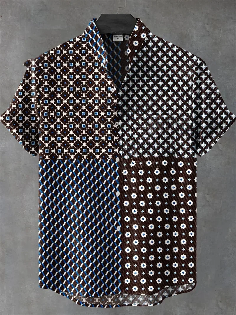 

Men's New Geometric Shapes National Style Short Sleeved Shirt Summer Comfortable Fabric High-quality Button Up Top Retro Shirt