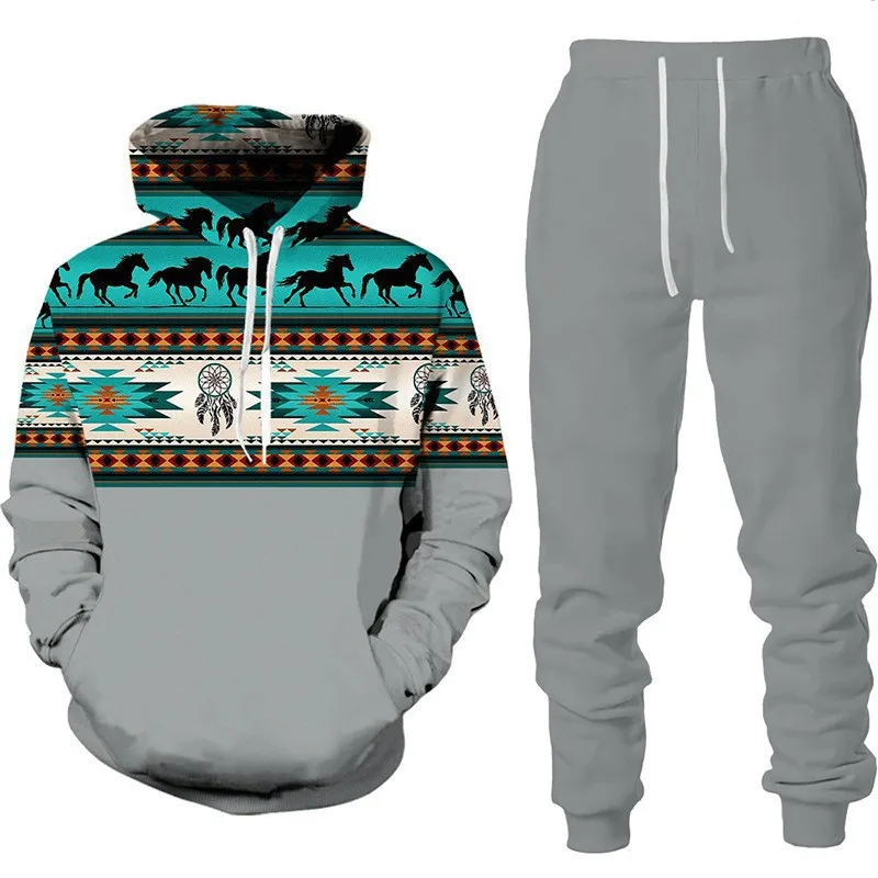 에스닉 스타일 3D 프린트 후드티 바지 세트 남성 패션 스웨트셔츠 후드티 스웨트팬츠 투피스 수트 트랙수트 남성 의류