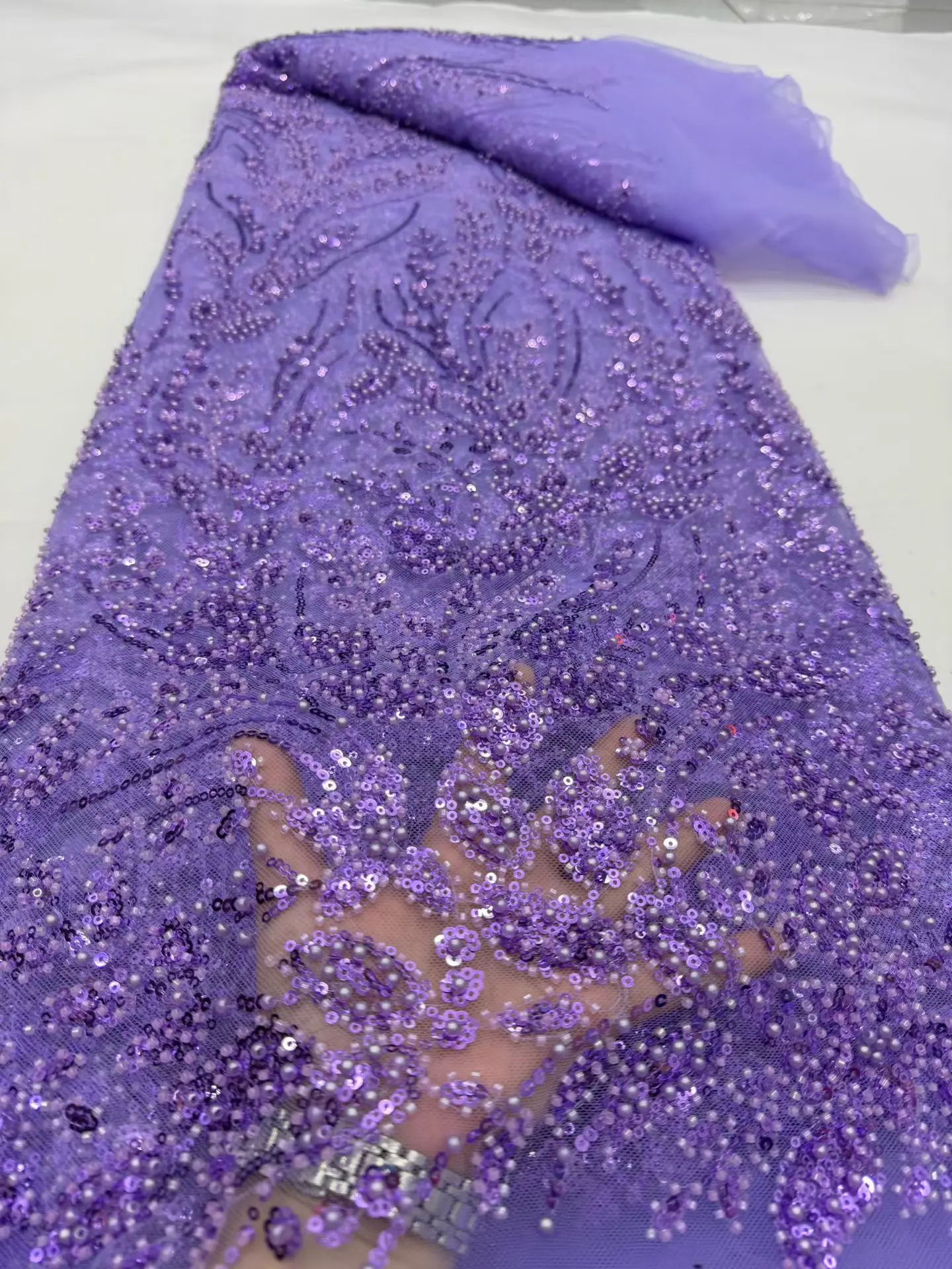 2026 Nigerian African French Guipure Tulle Lace Fabric Sequins Beaded Embroidery for Luxury Wedding Party Evening Dresses 5Yards image 3