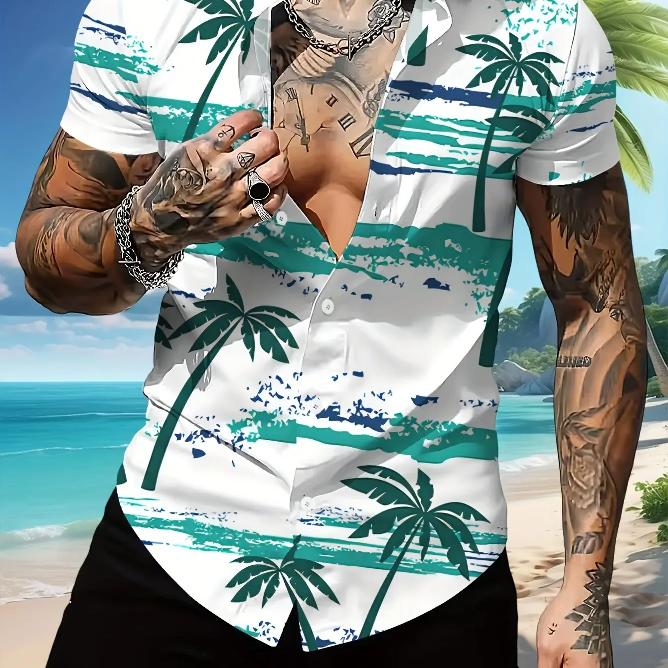 Fresh White Short Moderate Hawaiian Shirt Teal Sea Silhouette Coconut Print Double Stitch Thin Beach Button Shirt