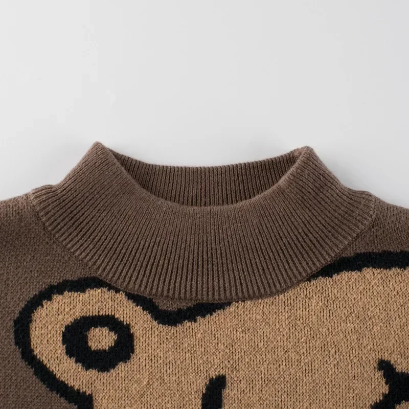 Cartoon Bear Children's Sweater 2024 Winter Clothes Boys Girls Knitwear Fashion Long Sleeve Turtleneck Jumper Top Kids Outfit