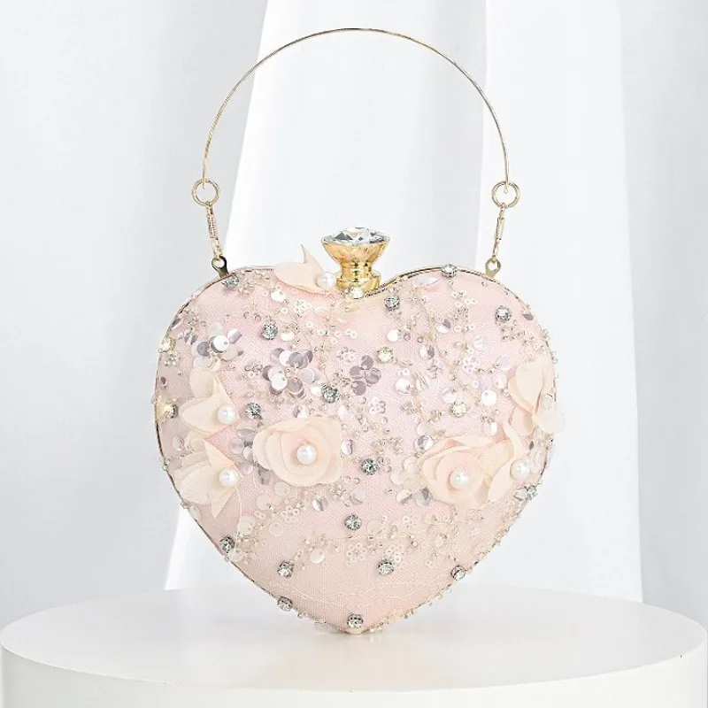 Pearl Pink Heart Shaped Evening Bag Women's Luxury 3D Flower Glitter Sequin Rhinestone Clutch Wedding Banquet Party Handbag