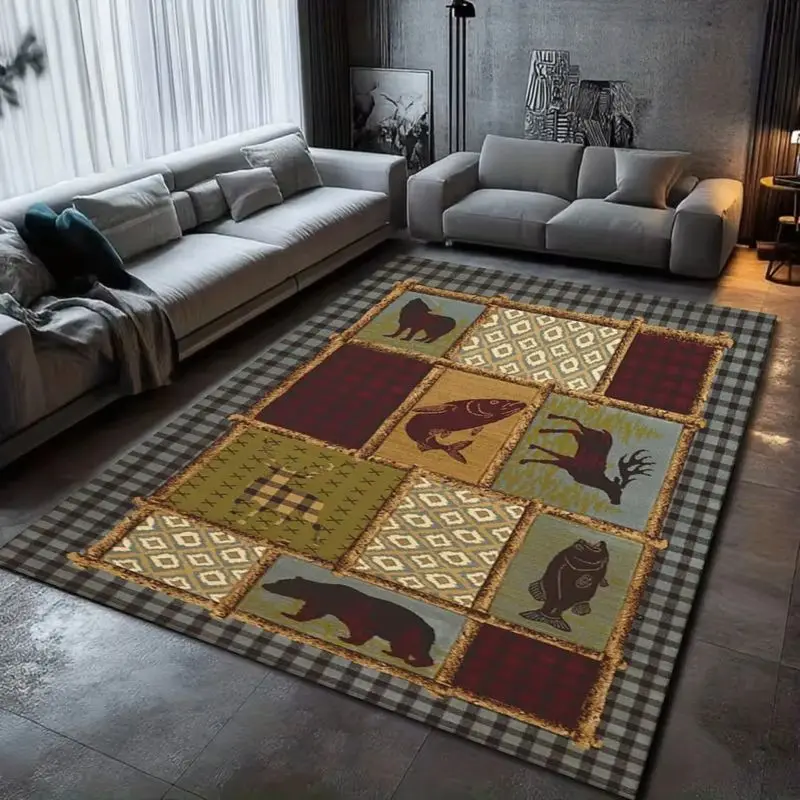 VIKAMA Vintage Black Bear Patchwork Living Room Rug, Non-Slip Mountain Cabin Hunting Lodge Country Decor Rug, Home Decor