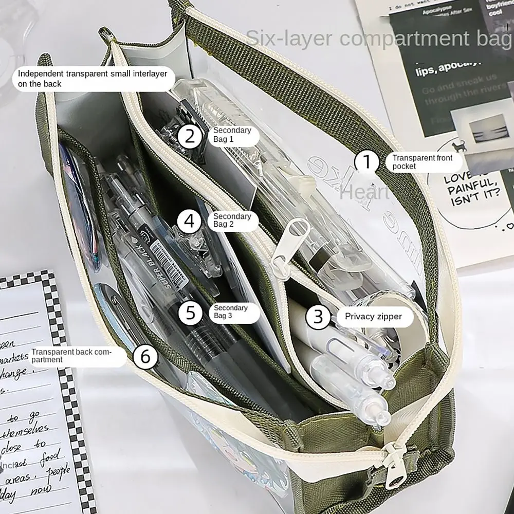 6 طبقات مقلمة الإنجليزية التصحيح شارة شفافة القلم حقيبة متعددة الوظائف سعة كبيرة القرطاسية كيس التخزين