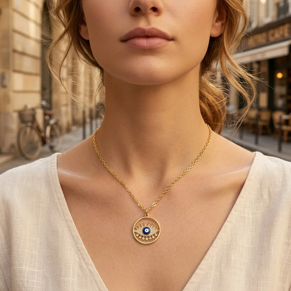 Gold Plated Copper Lucky Evil Eye Necklace Enamel Rhinestone Inlaid Turkish Evil Eye Pendant Amulet For Protection Blessing Good