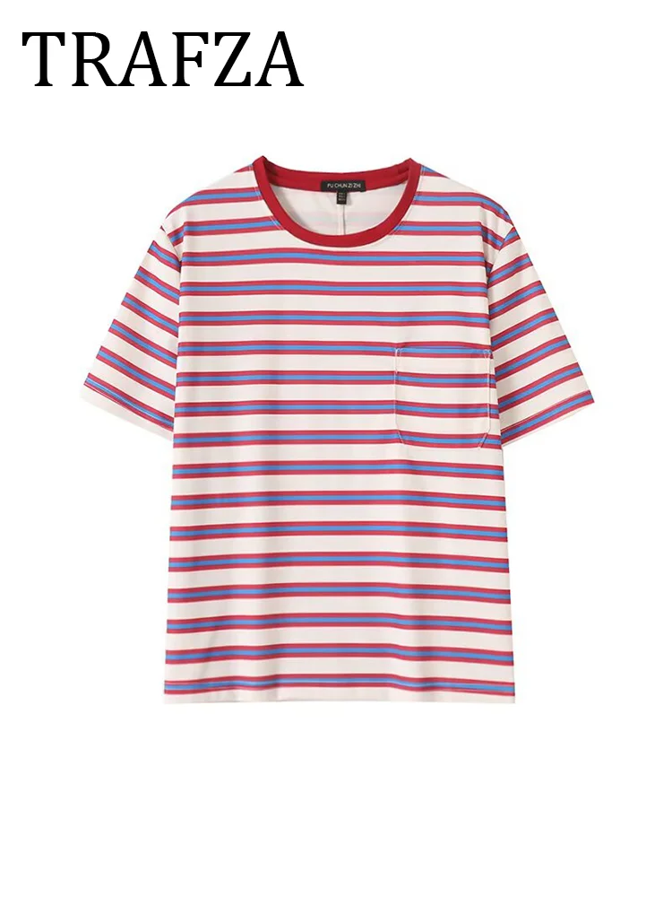 

TRAFZA Women's Striped With Pocket T-shirt Short Sleeves Red Short Top 2025 Summer New Casual Funny Shirt Basics Tees