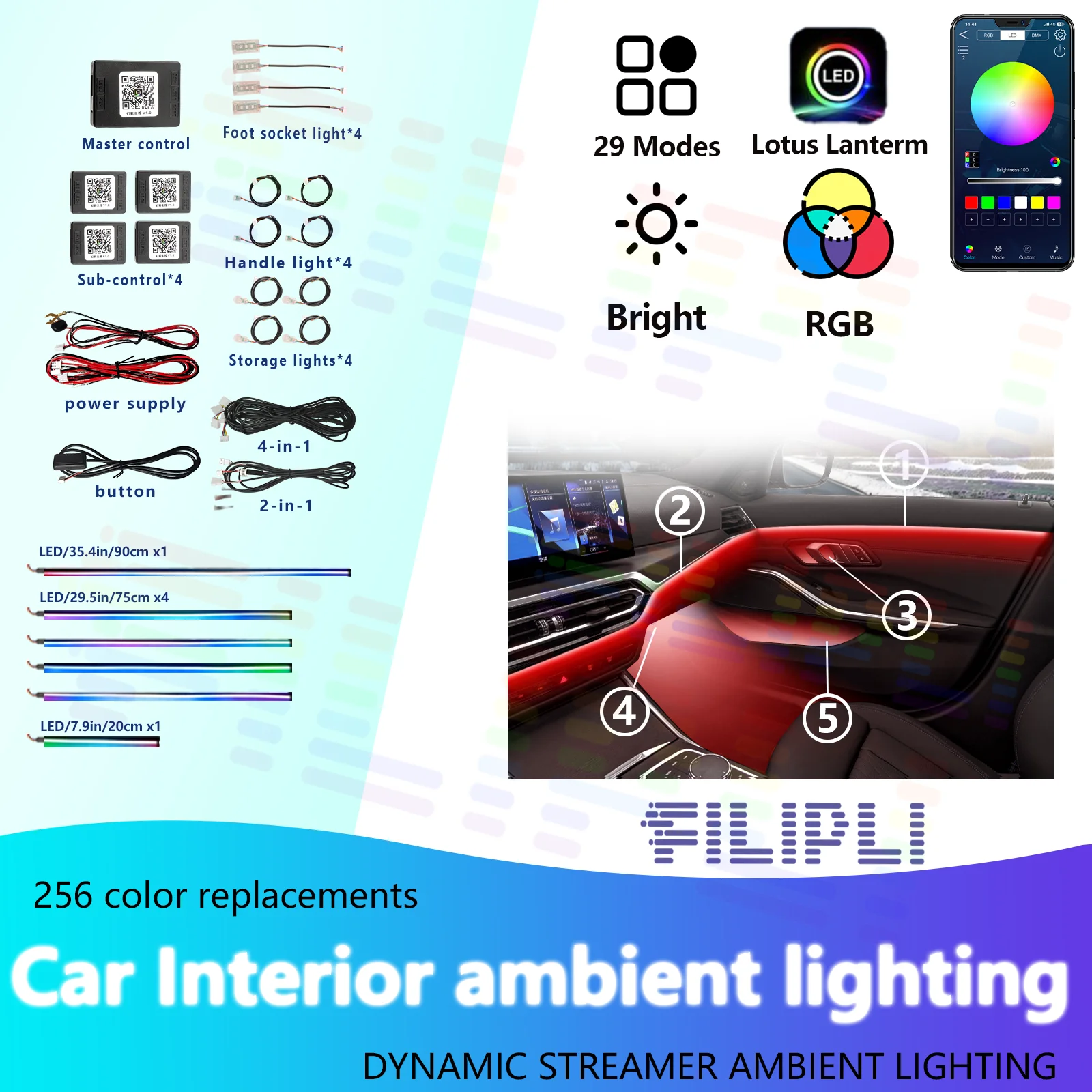 

64-цветный RGB символьный автомобильный окружающий внутренний светильник, акриловая направляющая, светодиодная лента, украшение, атмосферная лампа, управление через приложение